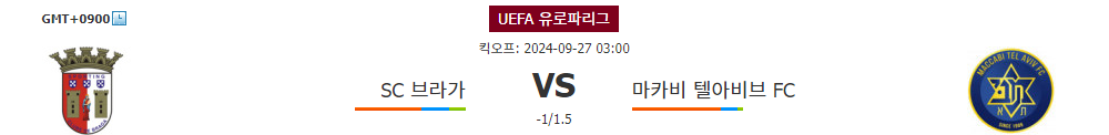 UEFA 유로파리그 2024-09-27 03:00 SC 브라가 vs 마카비 텔아비브 FC 경기 분석: 홈팀의 강세 예상