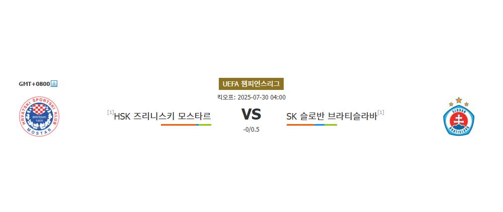 HSK 즈리니스키 모스타르 | SK 슬로반 브라티슬라바 | 2025-07-30 04:00:00 | UEFA 챔피언스리그 | 스포츠분석